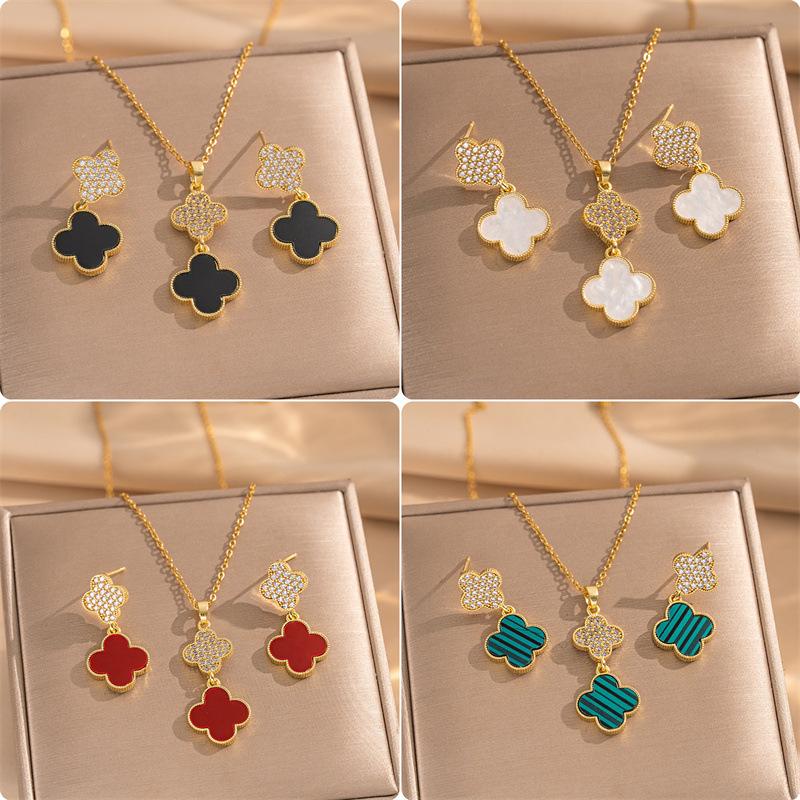 2PCS High-Quality Elegance Luxury Full Zircon Heavy Metal Plated Solid Gold Electroplated Copper Micro-Faceted Earrings Necklace Set Combo