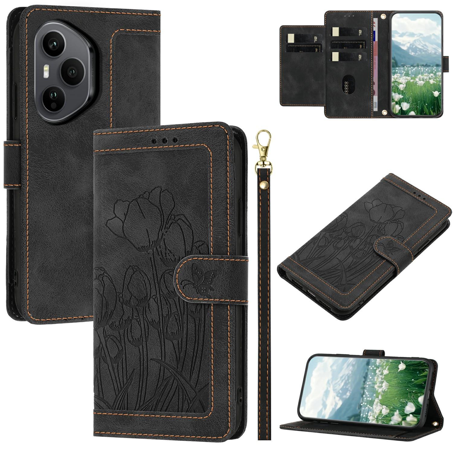 

For Honor 400 Pro 5G (Global) Wallet Case with 5 Card Slot/Wrist Strap, Tulip Pattern Imprint Leather Phone Cover