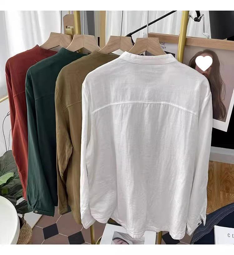 Southeast Asia Retro Stand Collar Plus Size Cotton Linen Shirt - Casual Loose Fit Long Sleeve