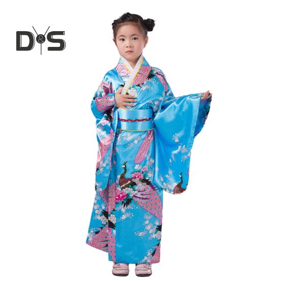 

1 комплект, традиционное кимоно для девочек, пижама ярких цветов, цветочный принт павлина, легкое в ношении, удобное кимоно 110 cm небесно-голубой