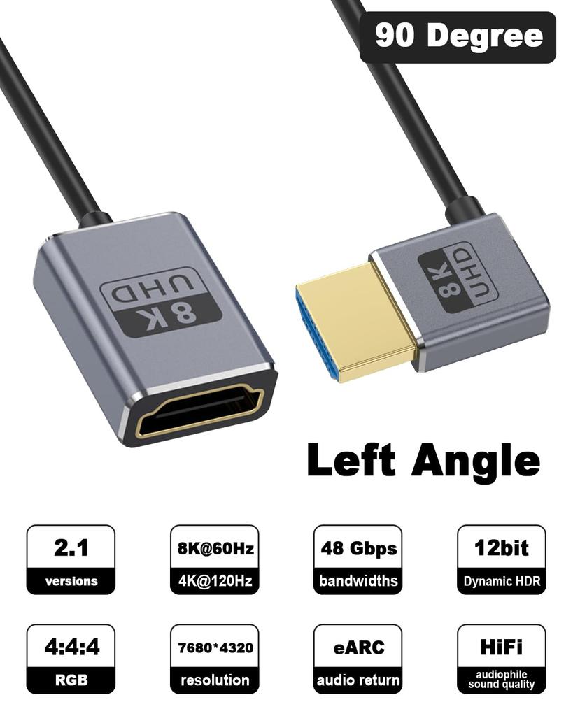 Duttek Right Angle HDMI Extension 1 Foot HDMI Left Angle Male To Female Cable for Dynamic and Ultra-Slim/Coaxial Cable, (48Gbps, 8K@60Hz, 4K@240Hz)
