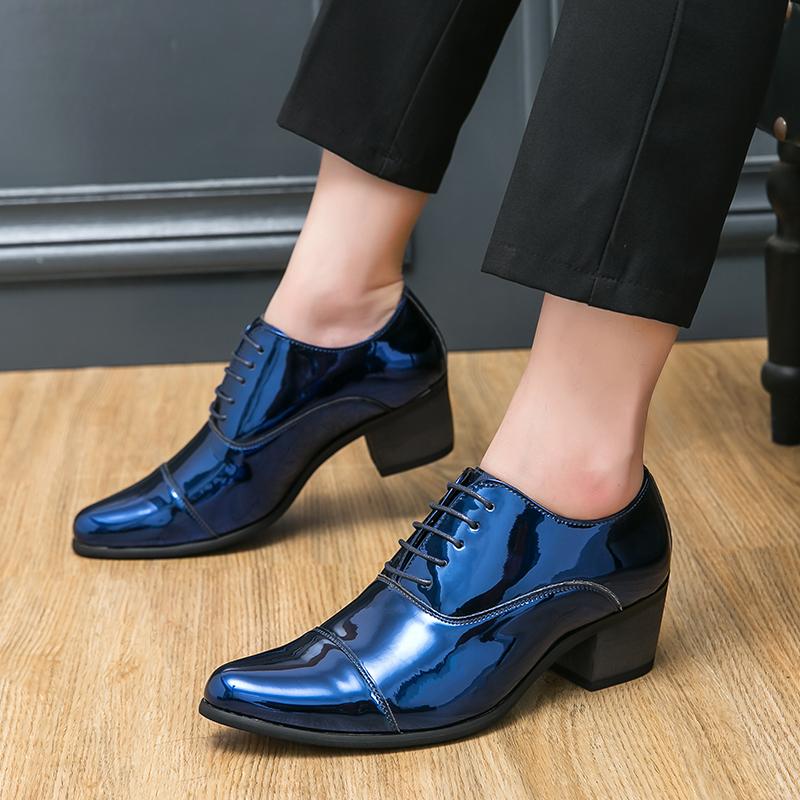 New Men's British Blue Gold Black Patent Leather Height Increasing Shoes Male Monk Strap Formal Wedding Prom Homecoming Oxfords
