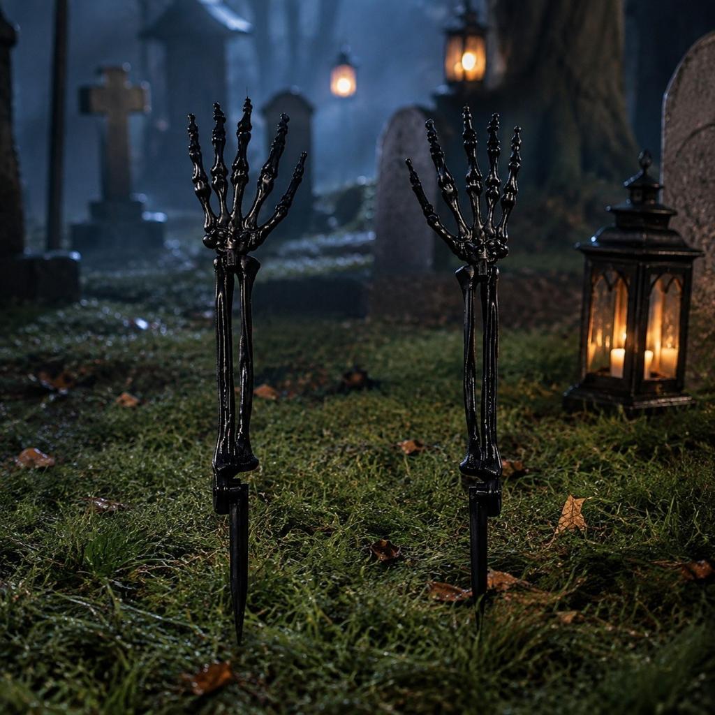 Halloween Skeletthand Gartenstecker (2 Stück) - Schwarze Skelettarm-Dekorationen für Außenbereich Friedhof Haus Garten Party
