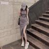 Korean Style Women's Summer Midi Camisole Dress with Subtle Design, High-Waisted, Slimming Slit