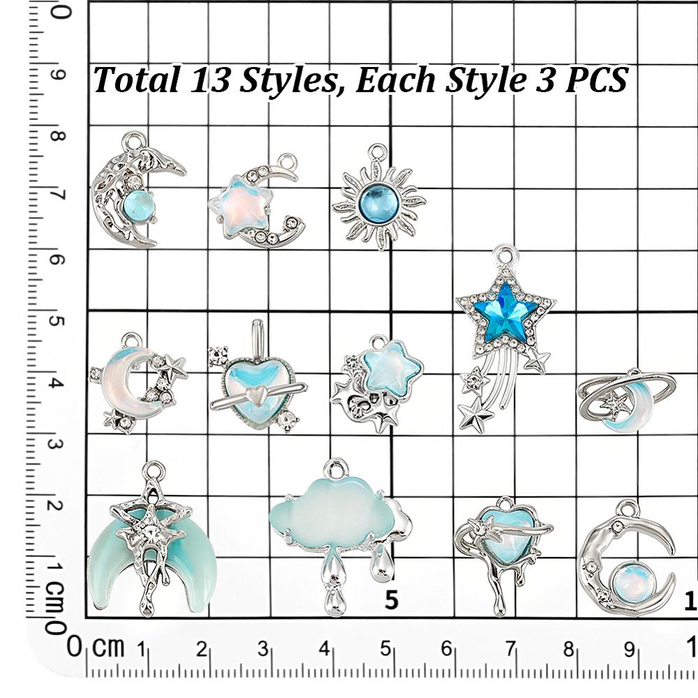 39Pcs 13 Styles Alloy Resin Pendants Mixed Shapes Charm Platinum Mixed Color 15~31x15~23.5x4~10mm Hole: 1.2~5mm 3pcs/style