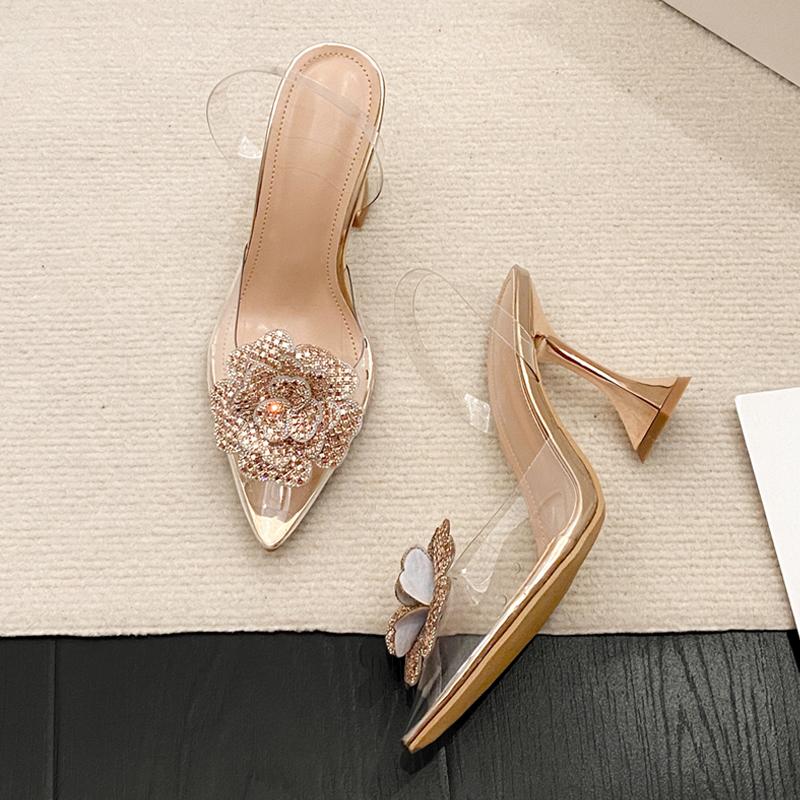 Fashion Liyke Sexy Slingback Sandals Woman Pumps Crystal Rhinestone Flower Pointed Toe Transparent High Heels Wedding Prom Shoes Gold