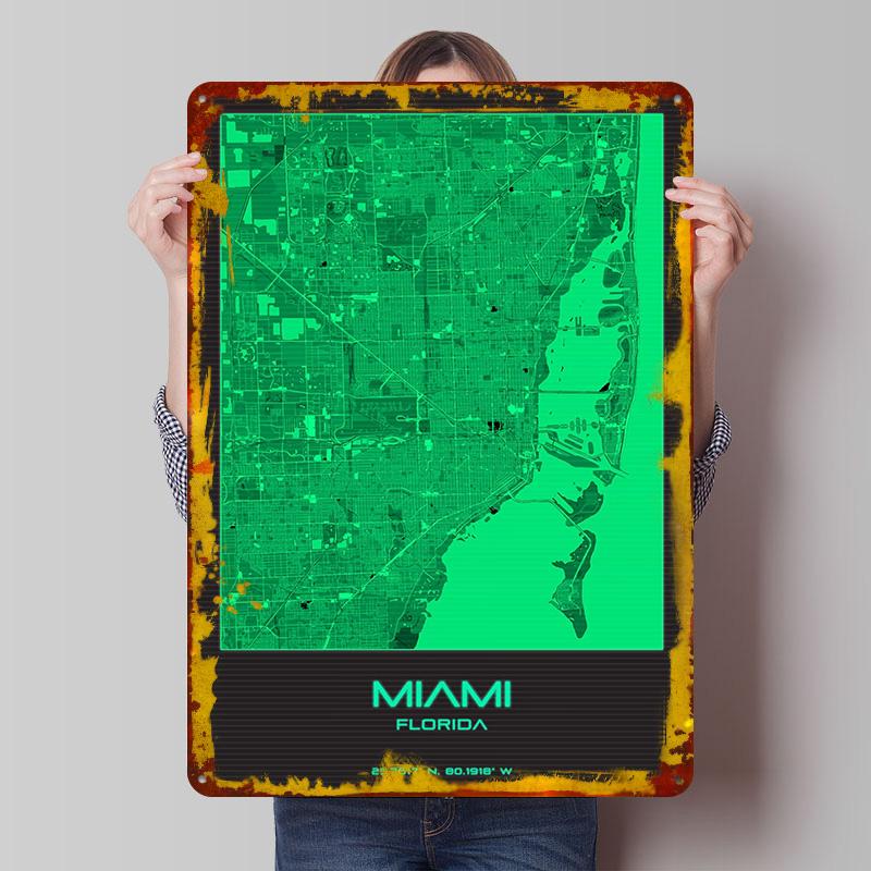 

Miami Florida Map City Poster Customized Wall Art Vintage Metal Signs Retro Tin Plaque for Man Cave Gamer Room Decoration Decor 7.9x11.8In(20x30cm)