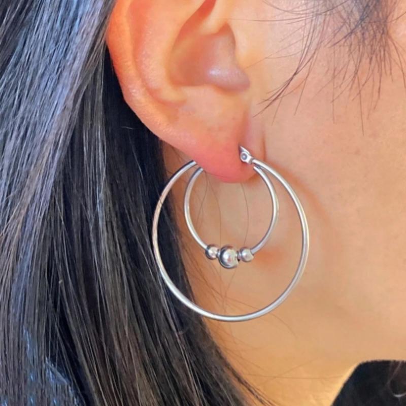 Edelstahl Übertriebener Runder Perlen Creolen Ohrring für Damen Herren Glattes Design Vintage Doppelringe Ohrring Persönlichkeits Schmuck