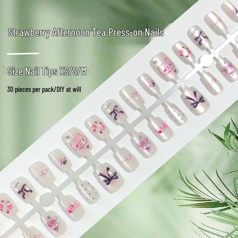 

Kitty Paws Press-On Nails: Sweet Strawberry Cake with Black Bow Design [30 Pieces]