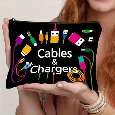 Schwarze Tech-Icon Kabel-Organizer-Tasche, Langlebige faltbare Reisehülle für Powerbanks & Kabel