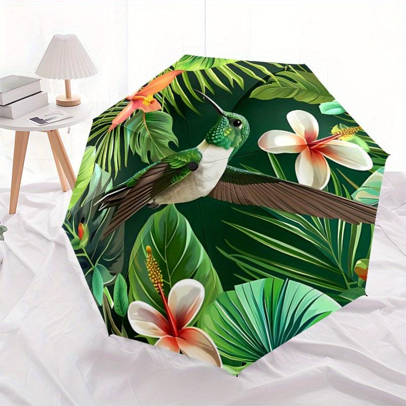 1pc Hummingbird Tropical Automatic Open/close, Heavy-Duty Iron Frame & 8-Rib Structure, Compact Folding Umbrella for Women/Men, All-Season Travel, Hal