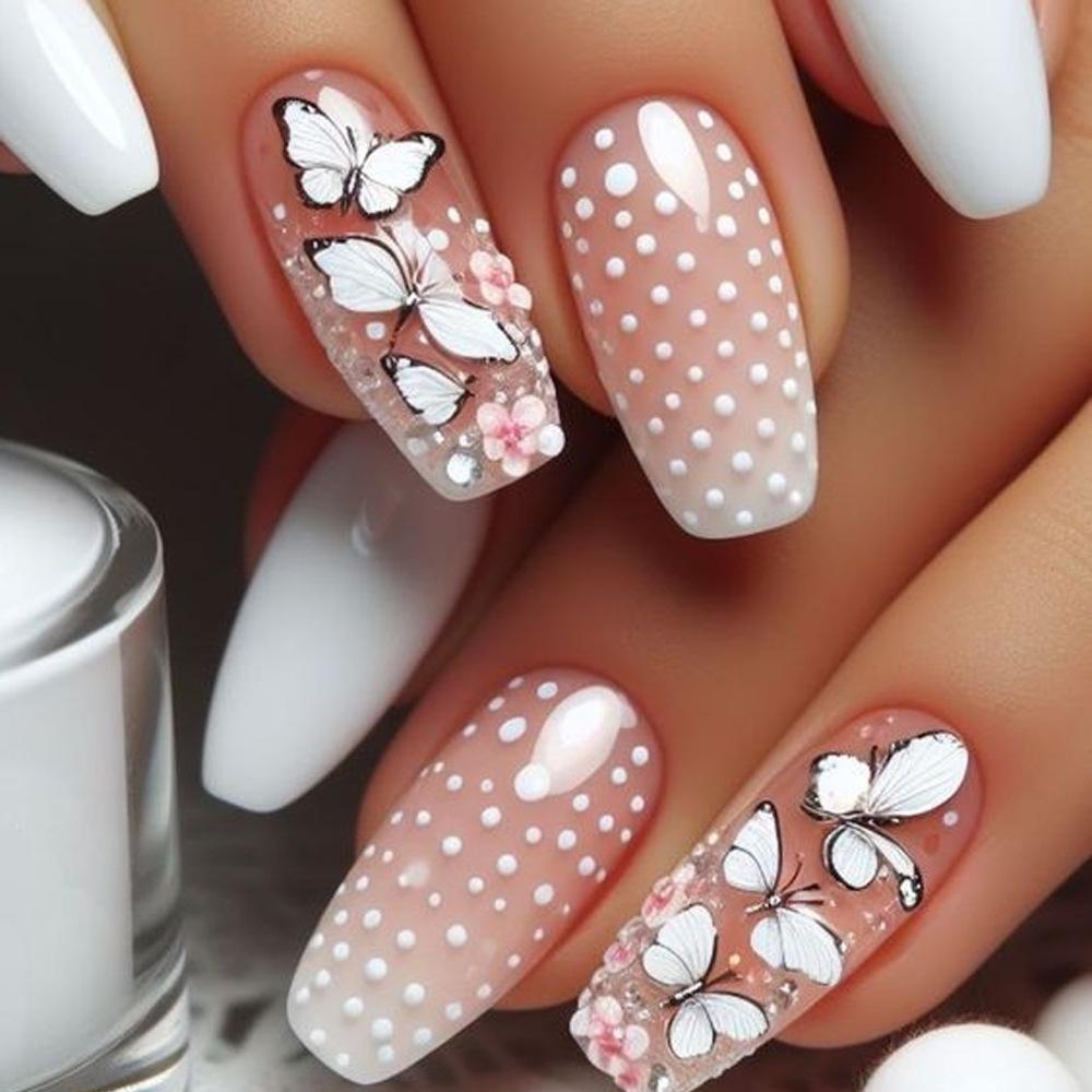 24Pcs White French Tip False Nails Long Ballerina Coffin Shape With Butterfly And Pearl Decor Full Cover Press On Nail Tips