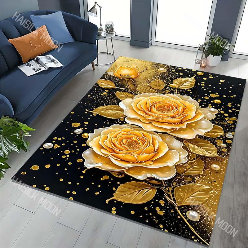 Creative Golden Flowers Pattern Carpet for Living Room Bedroom Bedside Floor Mat Sofa Table Area Rugs Home Decor Large Size