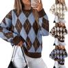 Women's Casual Loose Fit Color Block Sweater, Retro Neck Knit Pullover