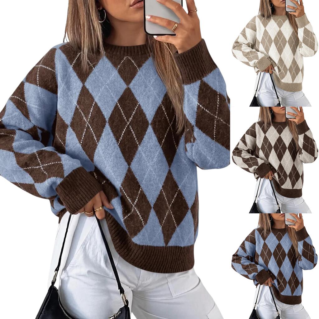 Women's Casual Loose Fit Color Block Sweater, Retro Neck Knit Pullover