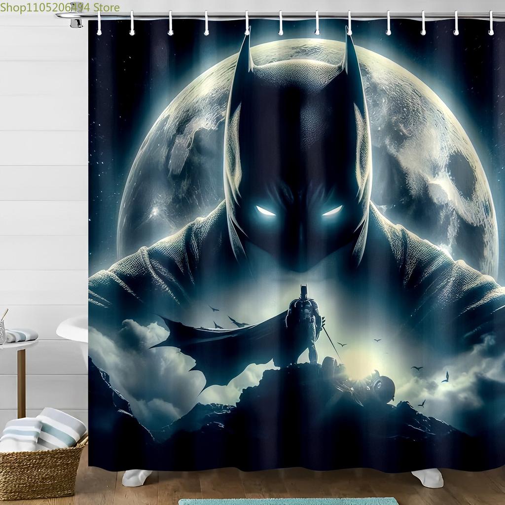 Warner Bros. Batman Full Night Shower Curtain, Superhero Bathroom Decoration, Fabric Bath Curtain Set with Hooks, Unique Valen