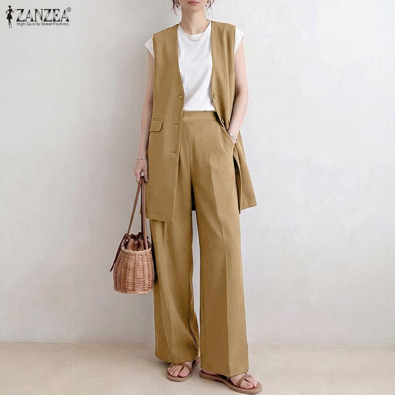ZANZEA Women Sleeveless Long Vest and Long Pants Casual Two Piece Suit Sets