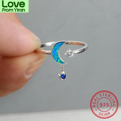 Cute Small Star Moon Ring 925 Sterling Silver Rose Gold Blue Fire Opal Rings For Women Blue Stone Dangle Wedding Thin Ring Band