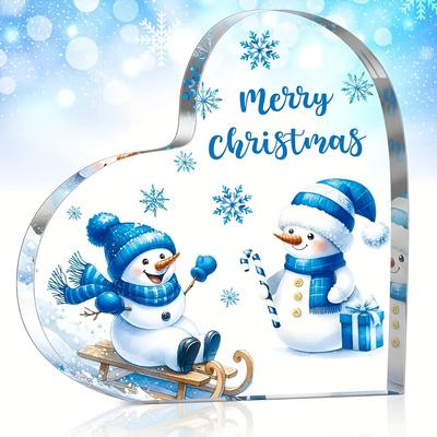 1pc Acrylic Heart Desktop Ornament, Mini Cute Blue Snowman and Merry Christmas Theme, Best Christmas Desktop Decoration, No Power Needed