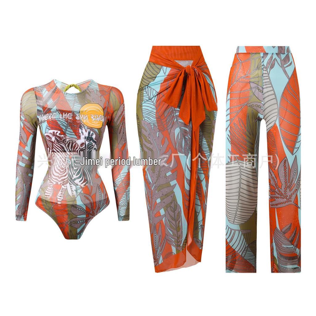 Women's Three-Piece Sun Protection Swimsuit Set with Mesh Pants