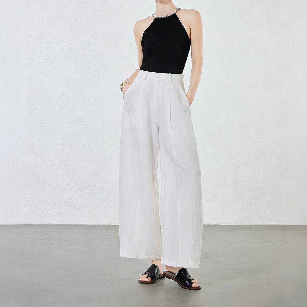 Women's High Waist Lyocell Linen Cropped Wide Leg Pants Zero Stretch Lightweight Washed Old Money Style Breathable Summer Banana Casual Trousers