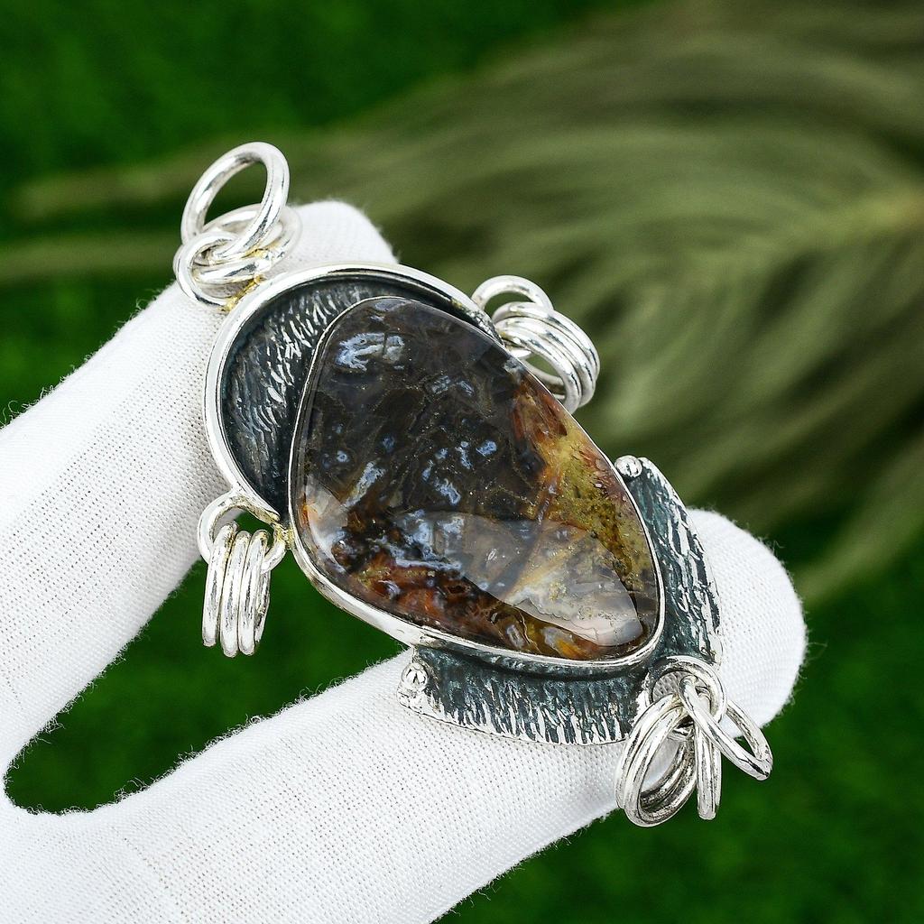 925 Silver Trillion Stick Agate Stone Bezel Sister Boho Art Deco Wedding Pendant
