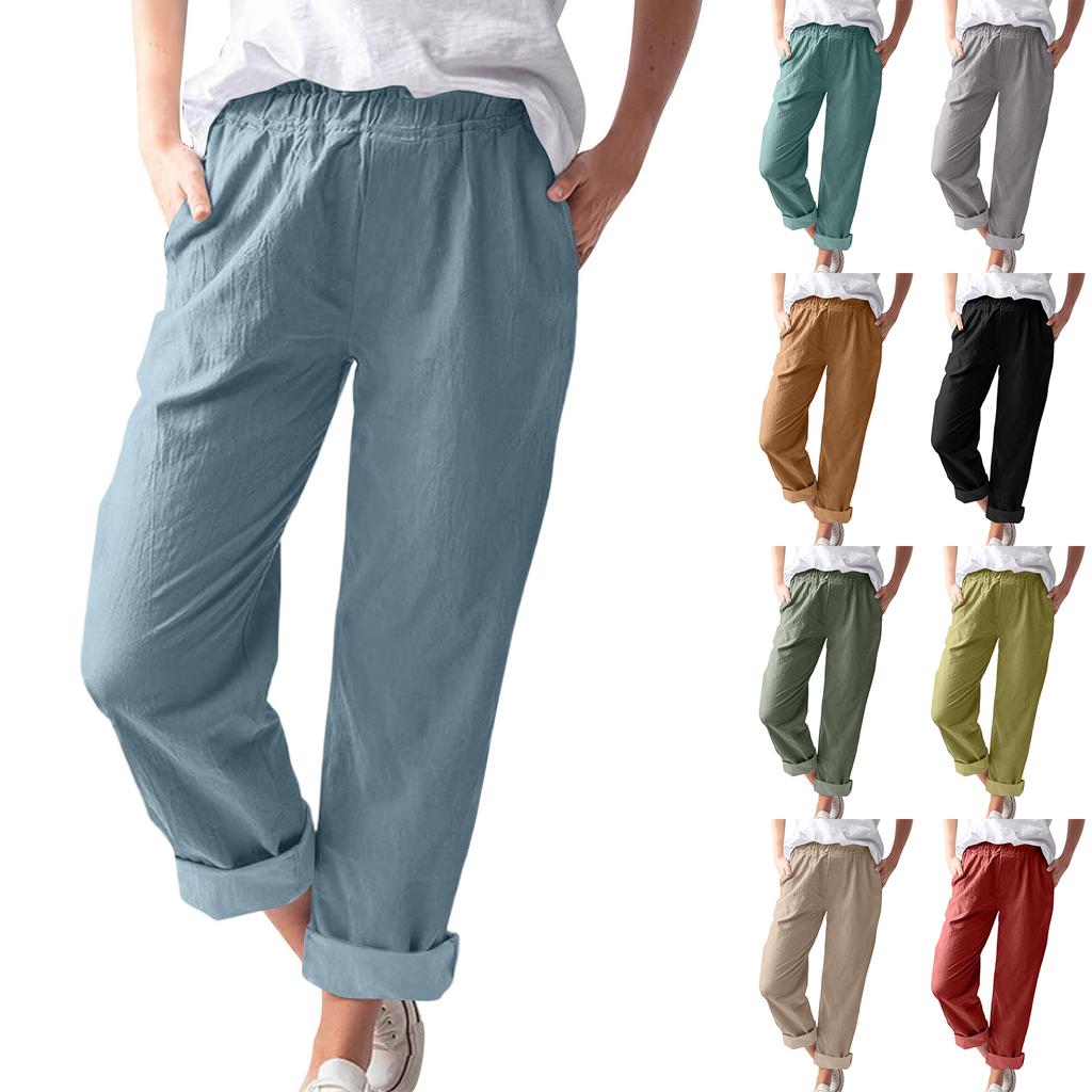 Damen Leinen Weite Hosen Elastischer Bund Lässige Lockere Hosen mit Taschen Leichte Alltags Hosen