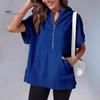 Summer Women Hoodie Half Zipper Short Sleeves Solid Color Pullover Loose with Pocket Casual Daily Wear School Sport Pullover Top Female Clothes