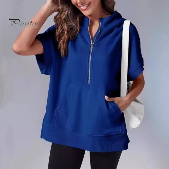 Summer Women Hoodie Half Zipper Short Sleeves Solid Color Pullover Loose with Pocket Casual Daily Wear School Sport Pullover Top Female Clothes