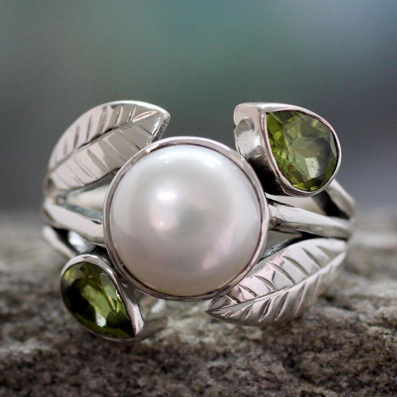 High End Exquisite Retro New Chinese Style Inlaid with Green Water Droplet Zircon Zircon, New Leaf Pearl Forest Ring for Women 6