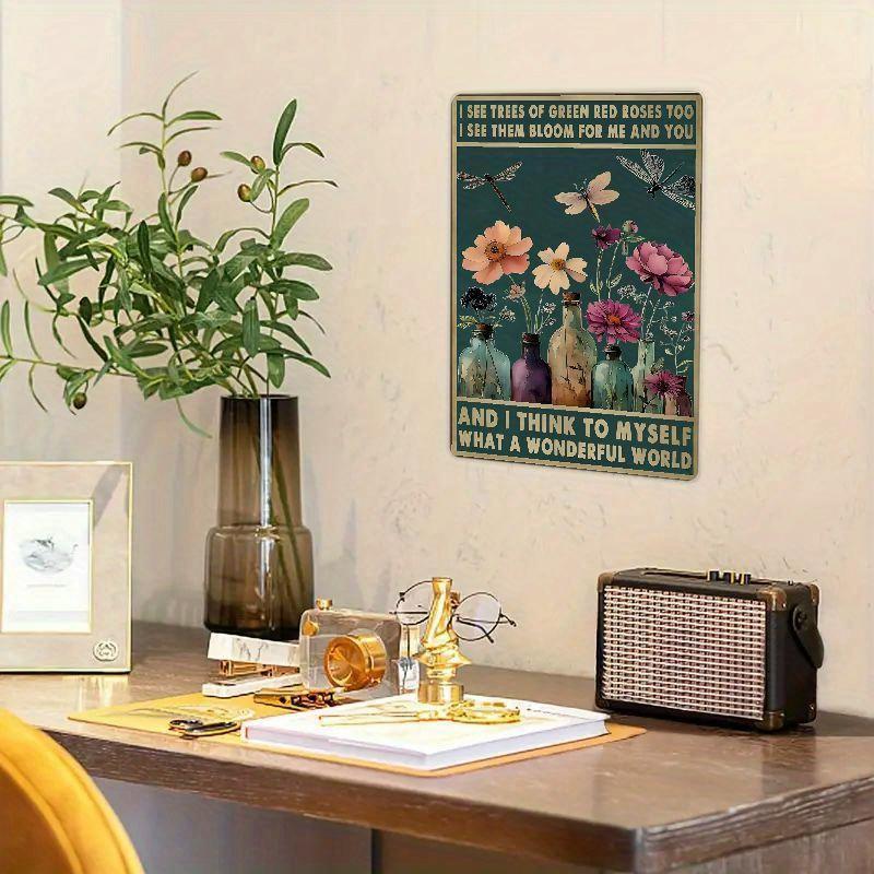 Dragonfly Metal Tin, What a Wonderful World, I See Green Trees And Red Roses, And Flowers, Vintage Tin, Suitable for Courtyard,