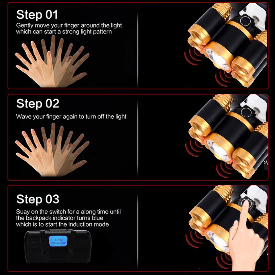 Kafa Işık Lambası Güç El Feneri Torch Far Far Sensörü Led Ampuller 2x 18650 Pil 30 w 4 Mod Lityum pil