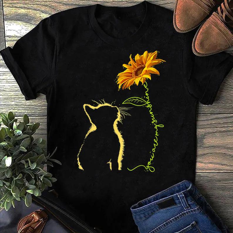 Funny Black Cat TShirt Retro Sunset Coffee Design Womens Casual Short Sleeves Minimalist Cute Cat Shirt for Daily Wear