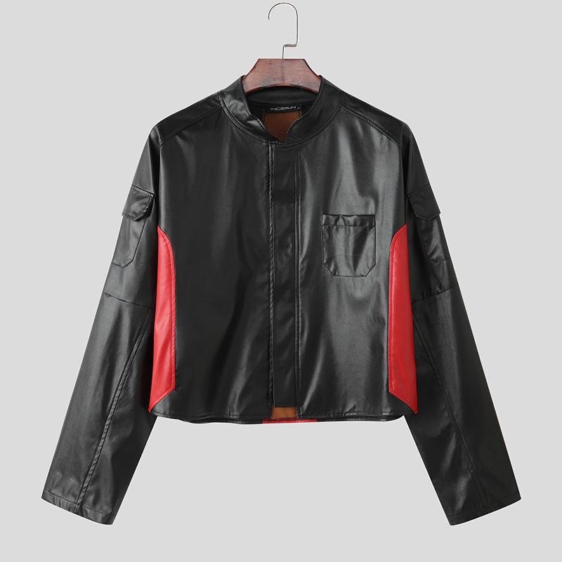INCERUN Autumn Men Collarless Long Sleeve Zip-up PU Leather Casual Cropped Coats Jackets