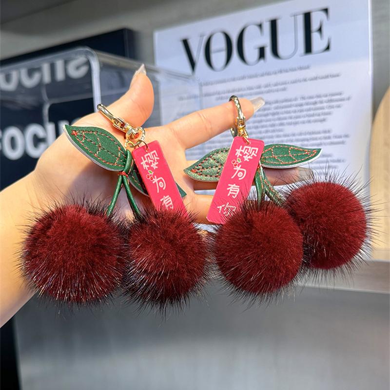 Trendy Red Cherry Pendant Natural Fur Keychain for Women Cute Bag Charms Decorations Jewelry Key Ring Car Key Accessories Gift