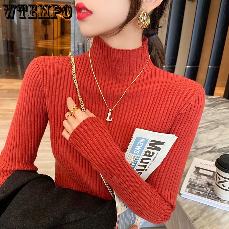 Solide schlanke Pullover Frauen gestrickte Pullover halb High Neck Langarm Topd Bottoming Shirt Jumper