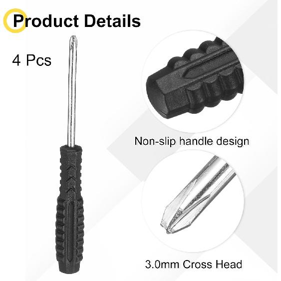 uxcell 4pcs Mini Phillips Screwdriver 3.0mm 98mm Length Micro Precision Cross Head Screw Driver with Non-Slip Handle for Watch Eyeglasses Electronics