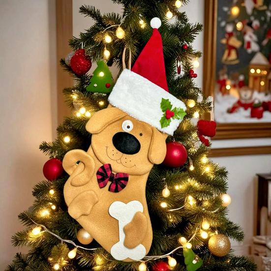 Christmas Stockings Plush Cat Dog Design Santa Claus Xmas Stockings Large Opening Candy Gift Holder Hanging Decor for Tree And Fireplace