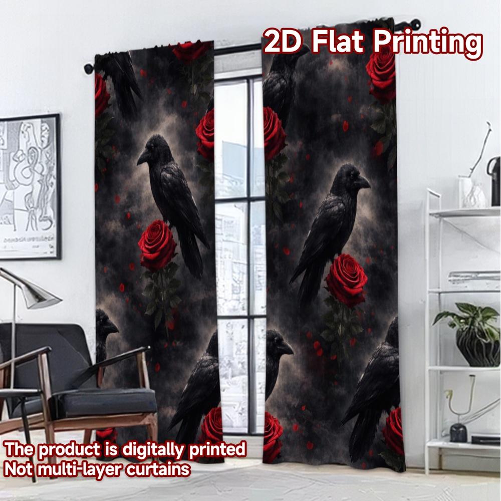 2D FLAT PRINTING 2pcs Curtains (Without Rod) Halloween Ravens and Roses Modern Print Curtains Fabric Curtains Ramadan