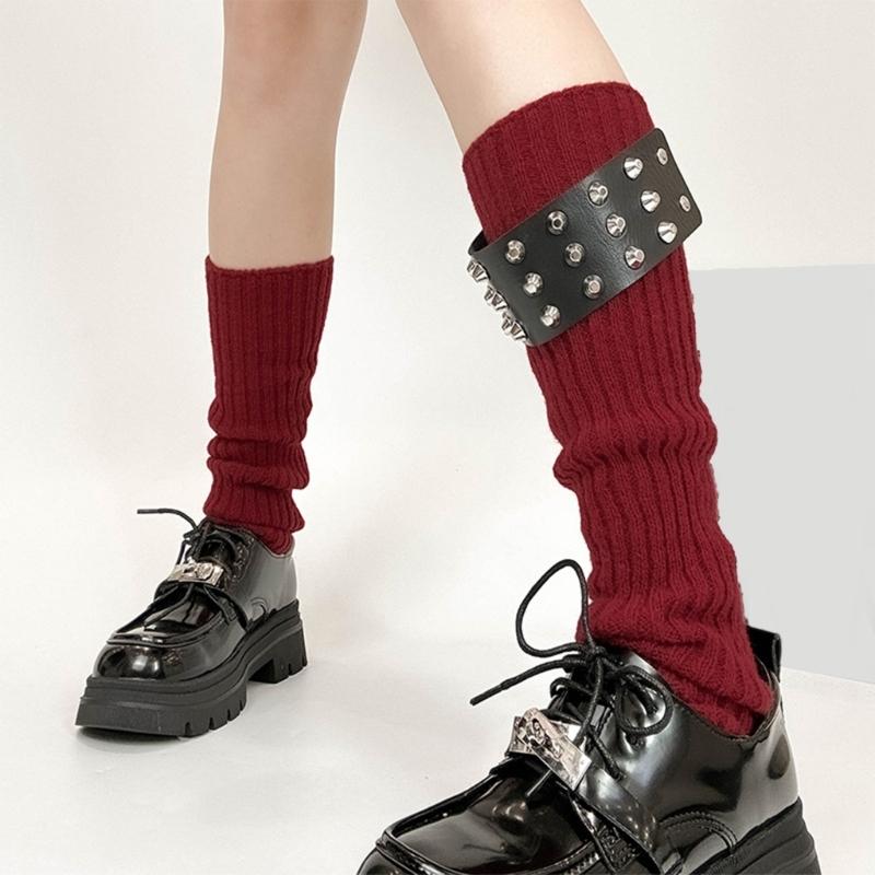 Gothic Punk Ribbed Knit Leg Warmer Sleeve with Metal Rivets Leather Belt Motorcycle Boot Covers Footless Socks for Women