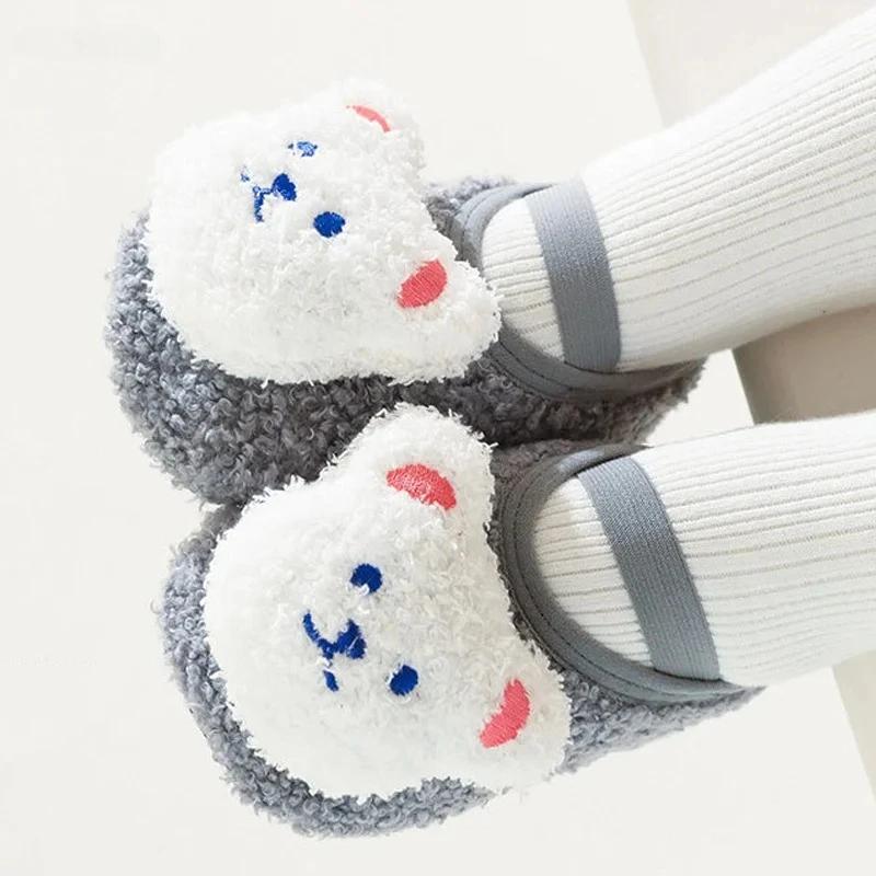 1PC Cartoon Bear Baby Shoes Winter Thick Warm Newborn Shoes Non-slip Soled Soft Plush Toddler Kids Boy Girls Infant First Walker