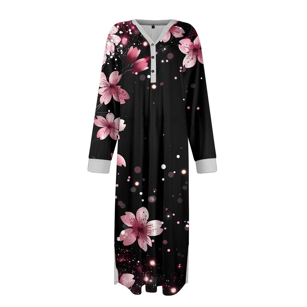 Damen Nachthemd Mode Bedruckter Langer Hausmantel V-Ausschnitt Pyjama Mit Taschen Kleid