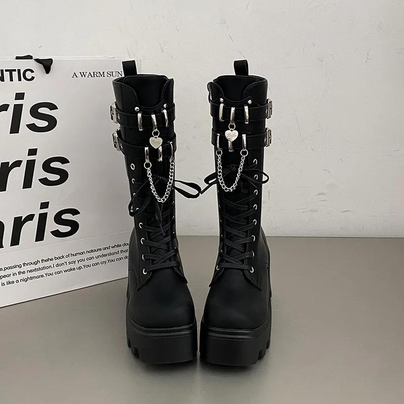 Fashion Women's Punk Gothic Boots Fashion Buckle Chain High Heels Mid Calf Boots Women Black Pu Leather Plus Size 42 Autumn Botas