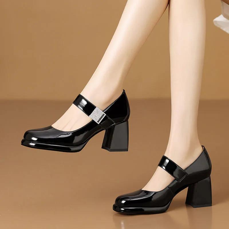 Fashion women fashion brown high quality pu leather buckle strap square heel shoes lady casual black comfort heel shoes zapatos ea475