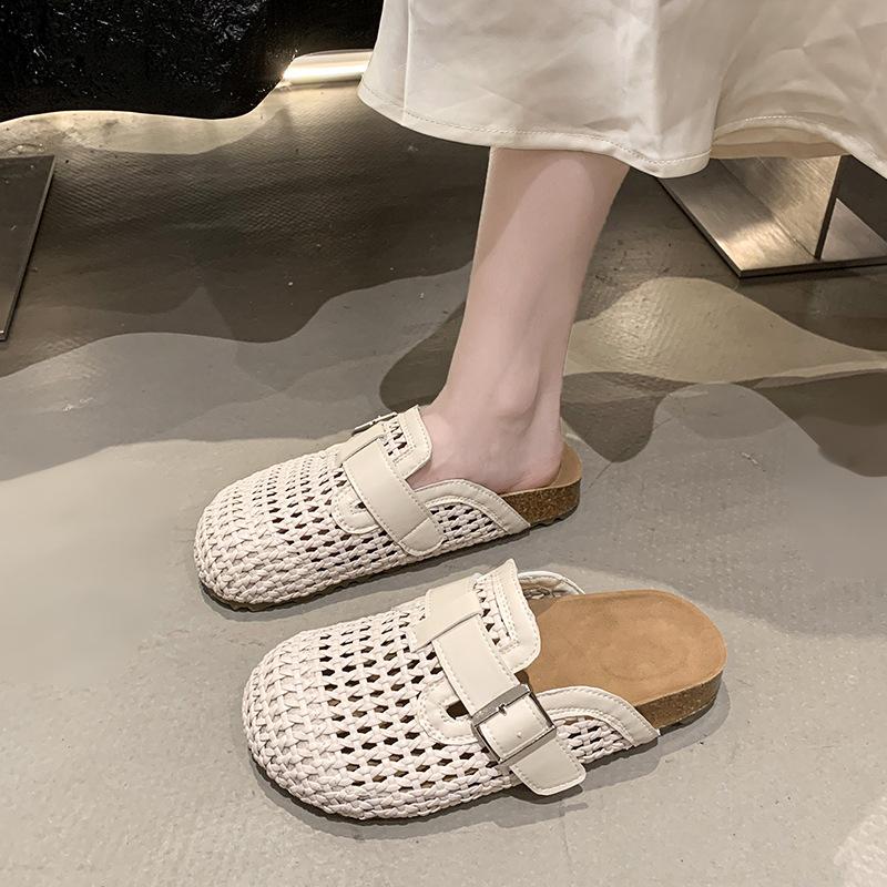 Baotou halvtofflor dam sommar 2025 nya enpedal damskor vävda tofflor Muller lata platåsandaler