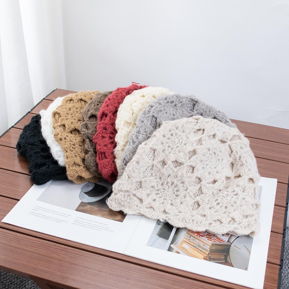 Hat Women's Double Layer Handmade Crochet Pullover Hat Warm Knitted Hat Autumn and Winter Wool Hat Versatile Casual Baotou Hat Tide