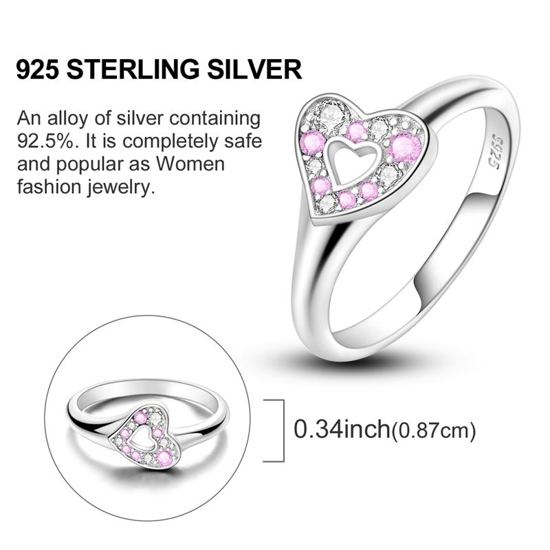 Original Damen Silberringe Funkelnder Rosa Herz Zirkonia Ring für Damen Mädchen Verlobungsschmuck Jahrestag Geschenk