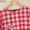 ZANZEA Women Loose Round Neck 3/4 Sleeve Casual Grid Print Blouse