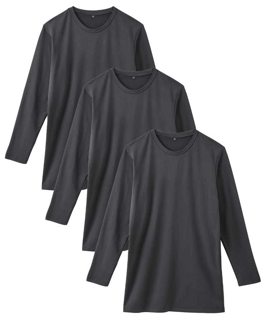 Nissen Warm Crew Neck Long Sleeve Inner Shirts for Autumn and Size LL Fleece-Lined Winter, 3-Pack, Black,