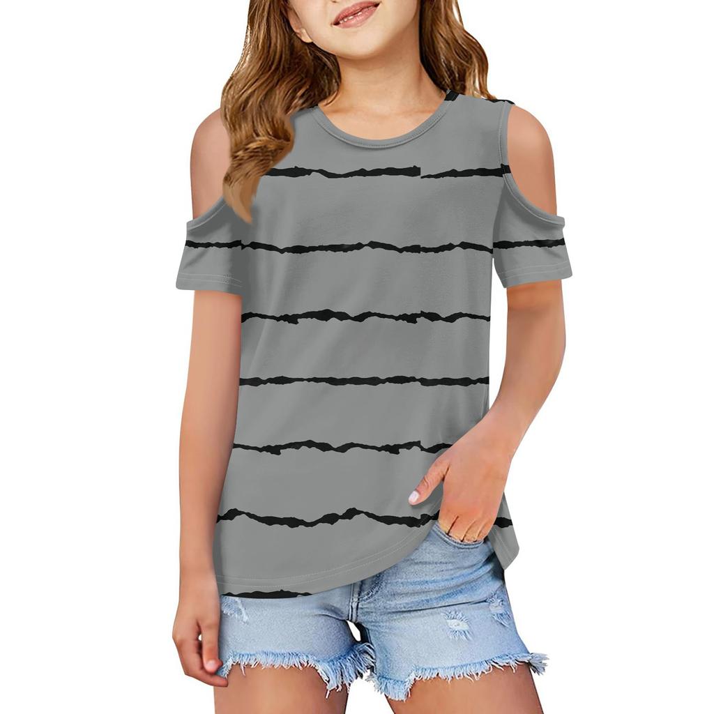 Children Summer Fashion Dew Shoulder Round Collar Leisure Striped T-shirt Coat